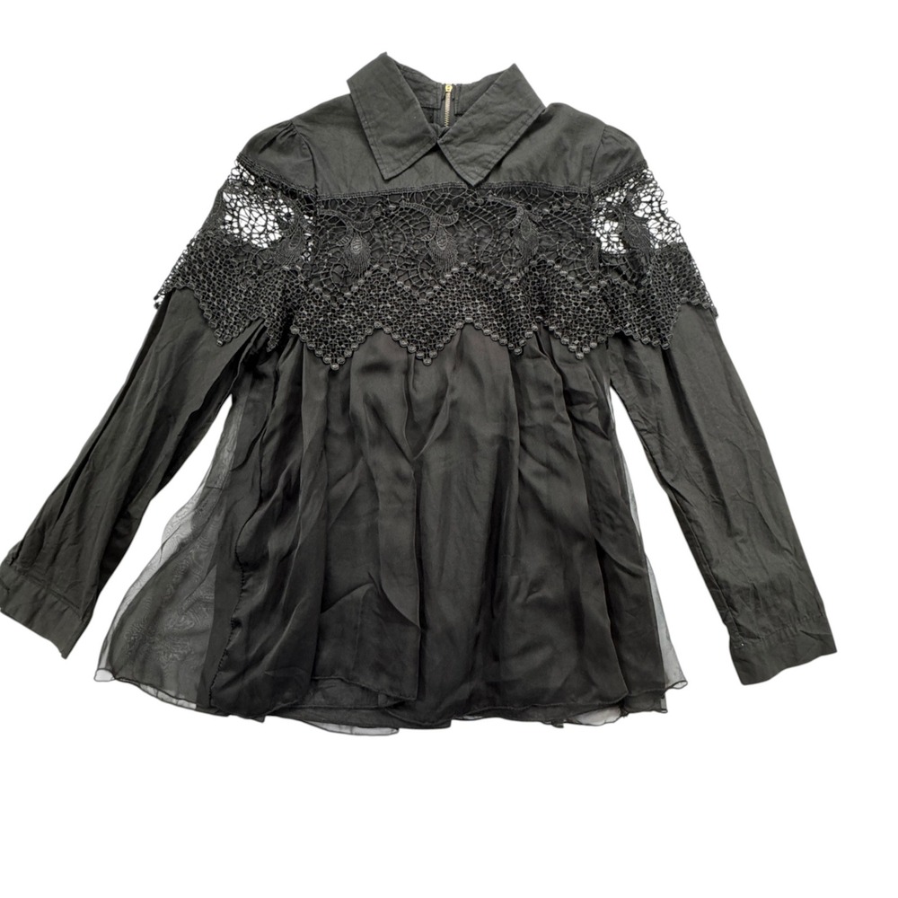 Black Crochet Lace Babydoll Blouse Womens Small Long Sleeve Chiffon Layered Top